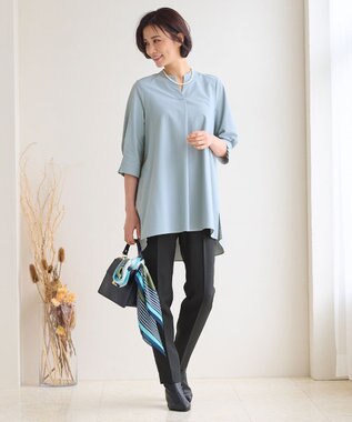 自由区 S 【UVカット・吸水速乾・洗える】ツイストプレーンバンドカラーチュニック丈 カットソー グレイッシュミント