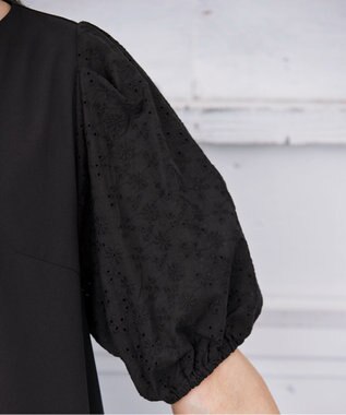 Tiaclasse 【2TYPE/総レース・袖レース】パンチングレースパフスリーブチュニックブラウス Bブラック(袖のみレース）