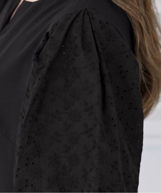 Tiaclasse 【2TYPE/総レース・袖レース】パンチングレースパフスリーブチュニックブラウス Bブラック(袖のみレース）