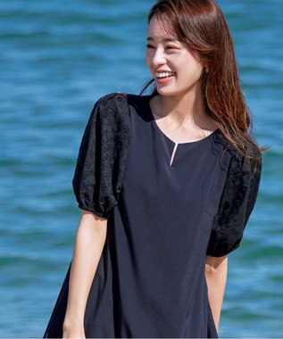 Tiaclasse 【2TYPE/総レース・袖レース】パンチングレースパフスリーブチュニックブラウス Bネイビー(袖のみレース）