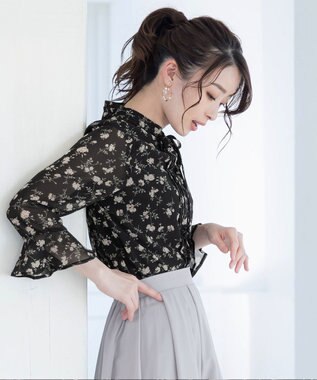 Tiaclasse 【新色追加・洗える】フレアスリーブ花柄リボンブラウス ブラック