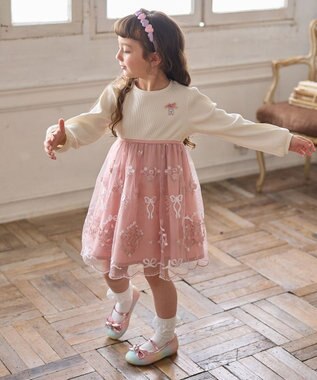ANY KIDS バレエ刺繍チュールワンピース ホワイト×ピンク