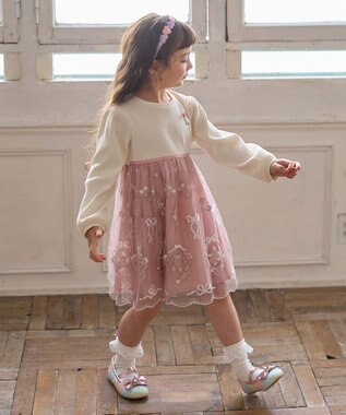 ANY KIDS バレエ刺繍チュールワンピース ホワイト×ピンク