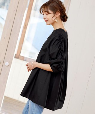 Tiaclasse L 【洗える】ギャザーパフスリーブチュニックブラウス ブラック