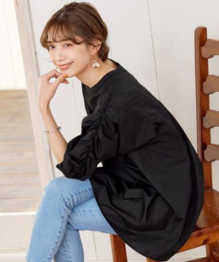 Tiaclasse L 【洗える】ギャザーパフスリーブチュニックブラウス ブラック