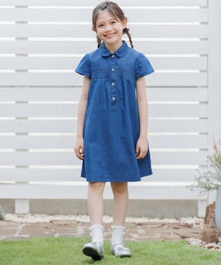組曲 KIDS 【110-140㎝】 フラワーボタンデニムワンピース ネイビー