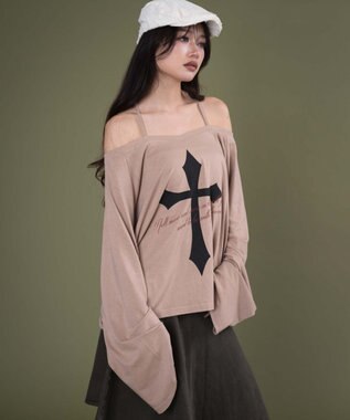 WEGO オフショルダークロスロゴトップ ベージュ