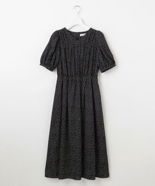 Feroux 【洗える】ギャザーデザインパフスリーブワンピース ドット系