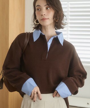 WEGO 【ANGIE VINTAGE】シャツ襟 ドッキング　フェイクレイヤード ニット トップス ブラウンその他