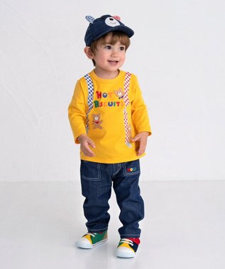 MIKI HOUSE HOT BISCUITS 【80-120cm】サスペンダーだまし絵 長袖Tシャツ 黄