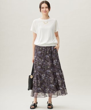 自由区 【セットアップ対応・洗える】ボタニカルフラワープリントティアード スカート セピア系