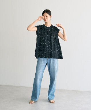YECCA VECCA ドット柄ギャザーブラウス Black