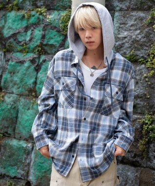 WEGO 【25年秋冬新作/ユニセックス着用ITEM/MLサイズ展開】オンブレチェックフードネルシャツ（LS） ブルーチェック1