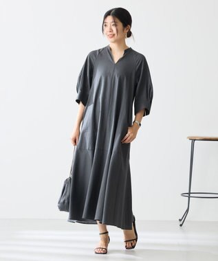 UNFILO 【洗える】リネンレーヨン カフタンワンピース チャコール