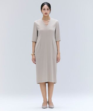 BEIGE， 【洗える・L-size】CINDY / Vネックハーフスリーブワンピース Taupe x White