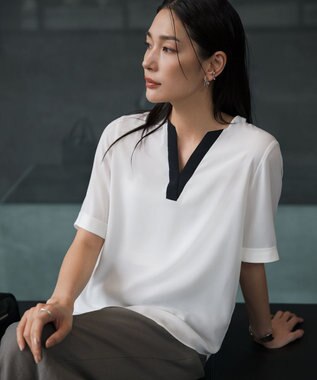  BackSatinAmunzen 5分袖Vネック配色ブラウス