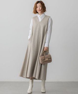 23区 S ラメミックスツイード Vネックワンピース ベージュ系