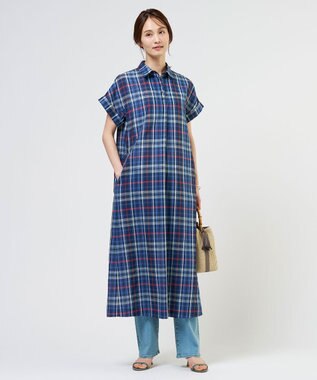 J.PRESS LADIES S コットンリネン Light マドラスチェック シャツ ワンピース ネイビー系