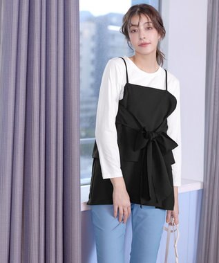 Tiaclasse 【洗える】リボンキャミドッキングカットソートップス ブラック