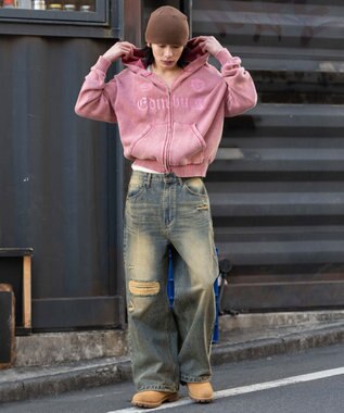 WEGO 【ユニセックス着用ITEM】ブリーチニットグラフィックZIPパーカー ピンク