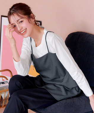 Tiaclasse 【洗える】リボンキャミドッキングカットソートップス チャコールグレー