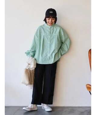 AMERICAN HOLIC イージーケア切替タックワイドシャツ Stripe Green