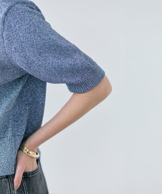 BEIGE， 【洗える】VANDA / ラメ入りクルーネック半袖カーディガン Sax