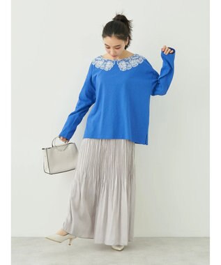 earth music&ecology レースプリントボーダープルオーバー Royal Blue