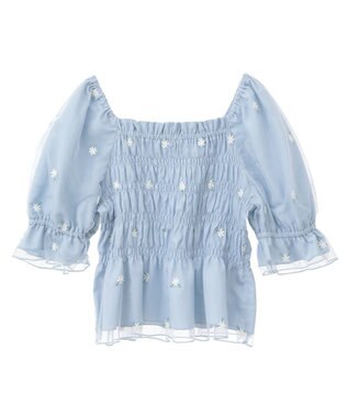 earth music&ecology フラワー刺繍シャーリングプルオーバー Sax