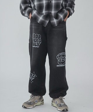WEGO 【ウエスト紐で調整】イージーペインターグラフィックデニムパンツ 柄2