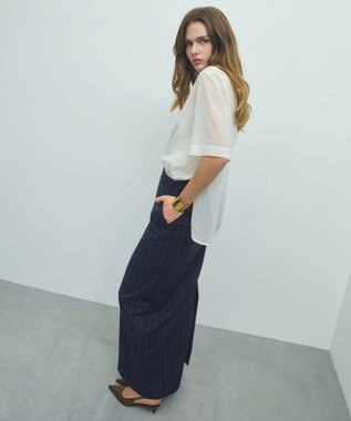 BEIGE， 【セットアップ対応】GEORGE / ウールストライプ ハイウエストスカート Navy Stripes