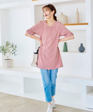 Tiaclasse L 【洗える】シアーチェックリボン袖チュニックブラウス ピンク