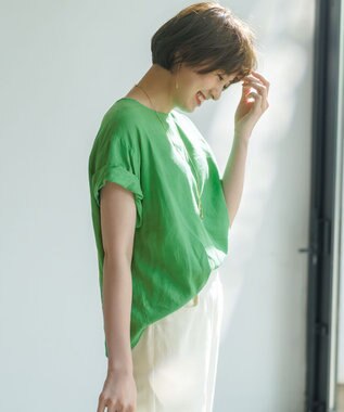ANY 【手洗い可】ヨーロピアンリネンツイストスリーブブラウス グリーン