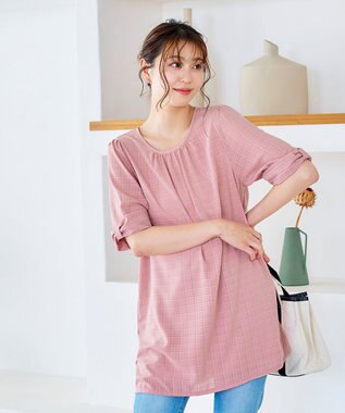 Tiaclasse L 【洗える】シアーチェックリボン袖チュニックブラウス ピンク