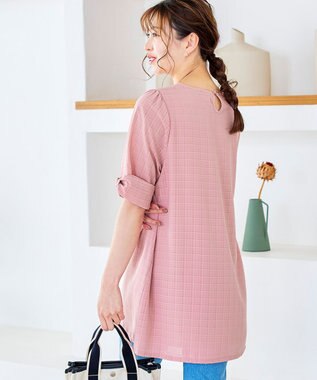 Tiaclasse L 【洗える】シアーチェックリボン袖チュニックブラウス ピンク
