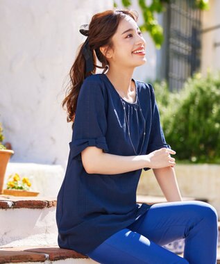 Tiaclasse L 【洗える】シアーチェックリボン袖チュニックブラウス ネイビー