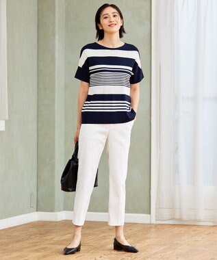 自由区 【UVカット・洗える】クレープストレッチボーダー ニット ネイビー×オフホワイト(ボーダー)