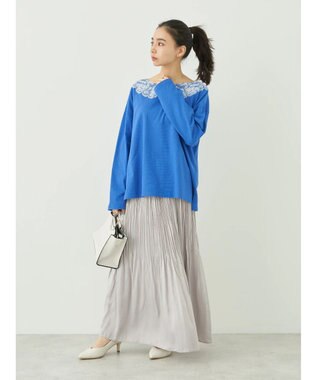 earth music&ecology レースプリントボーダープルオーバー Royal Blue