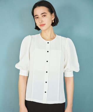 #Newans 【洗濯機可能/シワになりにくい】〈肩幅・二の腕が華奢見えする〉パフスリーブバイカラーブラウス ホワイト