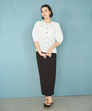 #Newans 【洗濯機可能/シワになりにくい】〈肩幅・二の腕が華奢見えする〉パフスリーブバイカラーブラウス ホワイト