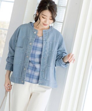 Tiaclasse L 【洗える】ゆったりシルエットの幅広カフスブラウス ブルーチェック