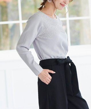 Tiaclasse L 【洗える】大人上品なスカラップレースコンビニット グレー