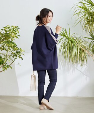 Tiaclasse 【洗える】配色ドルマンニットチュニック ネイビー×グレージュ