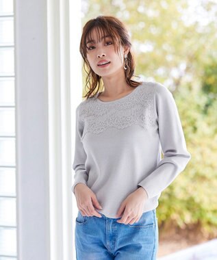 Tiaclasse L 【洗える】大人上品なスカラップレースコンビニット グレー