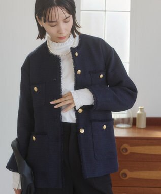 WEGO 【ANGIE VINTAGE/オケージョン対応 / セレモニー対応】ノーカラー ツイードジャケット ネイビー