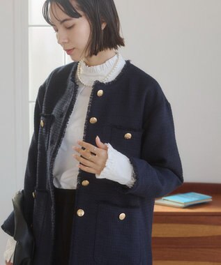 WEGO 【ANGIE VINTAGE/オケージョン対応 / セレモニー対応】ノーカラー ツイードジャケット ネイビー