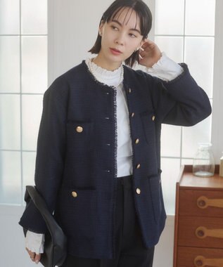 WEGO 【ANGIE VINTAGE/オケージョン対応 / セレモニー対応】ノーカラー ツイードジャケット ネイビー