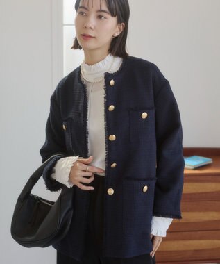 WEGO 【ANGIE VINTAGE/オケージョン対応 / セレモニー対応】ノーカラー ツイードジャケット ネイビー