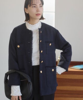 WEGO 【ANGIE VINTAGE/オケージョン対応 / セレモニー対応】ノーカラー ツイードジャケット ネイビー