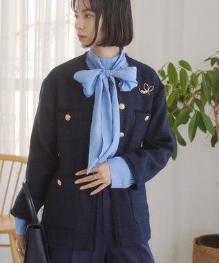 WEGO 【ANGIE VINTAGE/オケージョン対応 / セレモニー対応】ノーカラー ツイードジャケット ネイビー